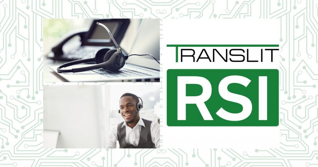 Headphone on Laptop with a man talking to his client and TRANSLIT RSI logo